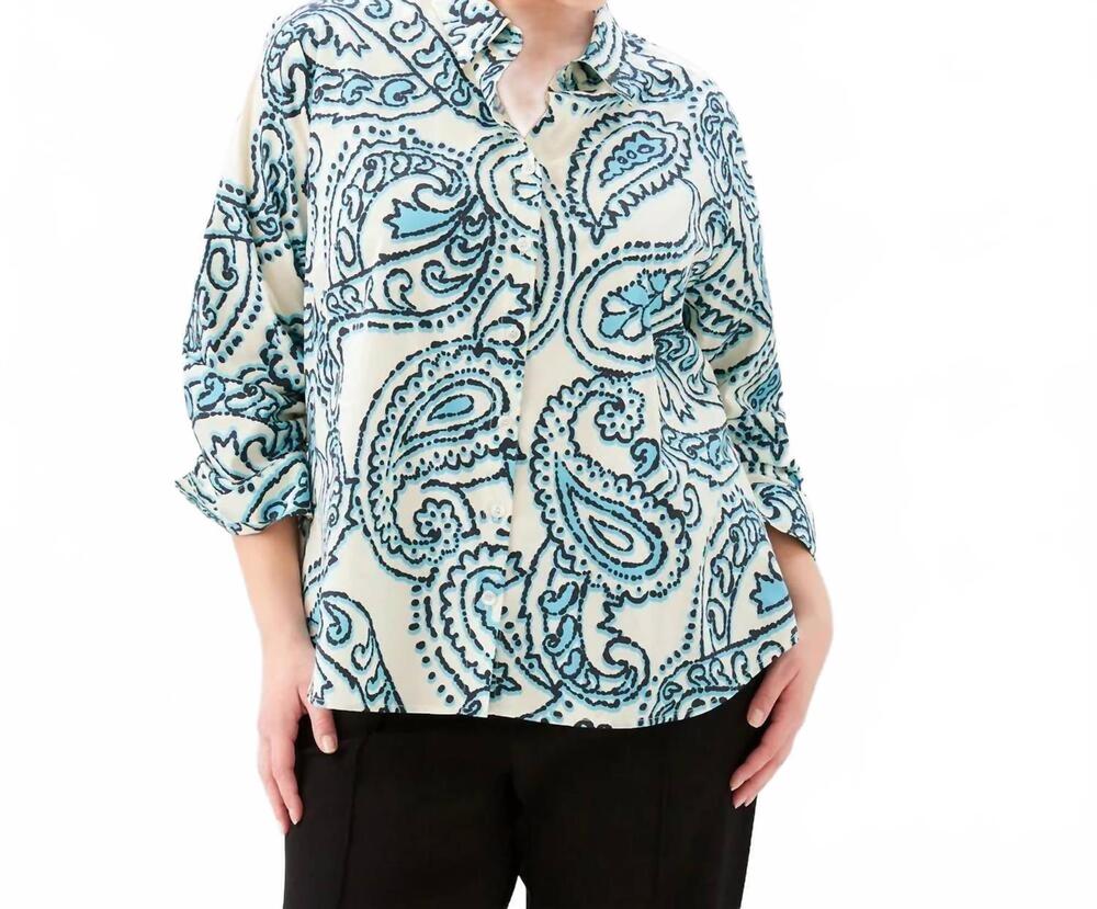 NEW KAREN KANE ruched sleeve button- up shirt - plus in print